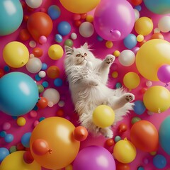 A playful cat surrounded by colorful balloons, creating a vibrant and joyful atmosphere for pet lovers.