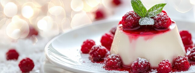  A white plate holds a dessert, dusted with powdered sugar, and garnished with fresh raspberries