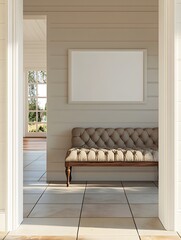 Cozy Cottage-Inspired Mudroom with Tufted Bench and Colorful Tile Floor - Charming and Welcoming Home Interior Design Mockup