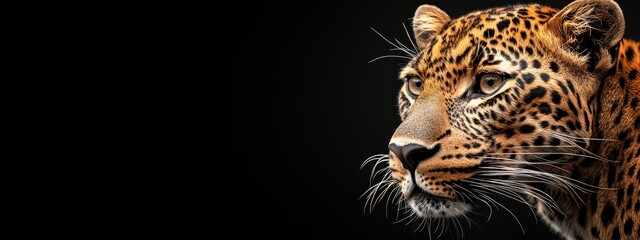 Obraz premium A tight shot of a Cheetah's expressionless face against a pitch-black backdrop, its features softly obscured by a hazy blur