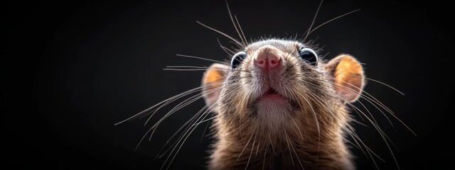  A tight shot of a rodent's expressive face, its eyes bright and gazing directly at the camera in an intrigued or surprised expression