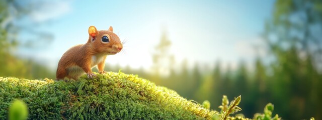  A brown squirrel atop a green hill, moss-covered, surrounded by trees against a blue sky