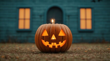 Obraz premium Halloween Fun in a Haunted Yard - Cartoonish Pumpkin Lighting Jack-o'-Lantern with Match, Copy Space for Text, Selective Focus, Ultra HD