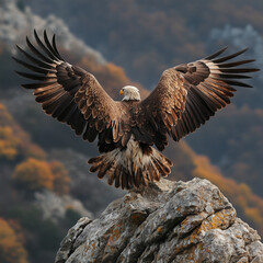 A majestic bald eagle, with its back facing and wings spread wide, stands on a rocky peak, presenting a view of the rugged mountain landscape in the background.