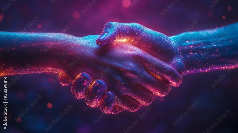 Aufkleber two hands grasp each other, glowing with neon colors, symbolizing unity and connection against a mes