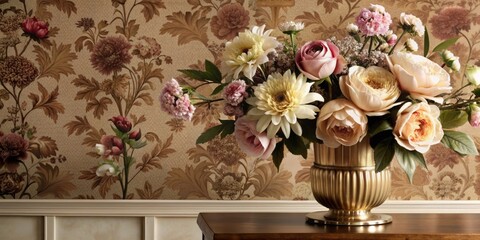 Vibrant bouquet of flowers with delicate petals and stems takes center stage on a stunning wallpaper, evoking elegance and precision in a classic print style.