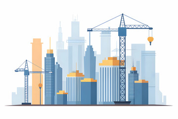 Simple flat vector illustration as Skyline with construction cranes concept as A dynamic city skyline with construction cranes symbolizing growth and hard work perfect for business presentations needi