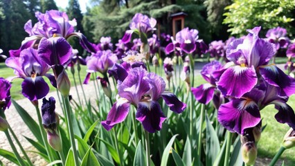Vibrant purple iris blooms sway gently in a serene park setting, surrounded by lush greenery, with ample copyspace for creative banners and design elements.
