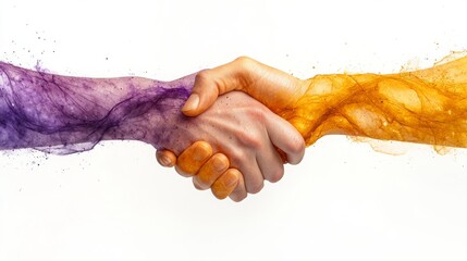 Two hands unite in a vibrant handshake, symbolizing collaboration and connection through flowing purple and orange hues.