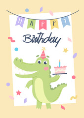 Children birthday card. Cute crocodile with cake and party hat. Vector illustration template