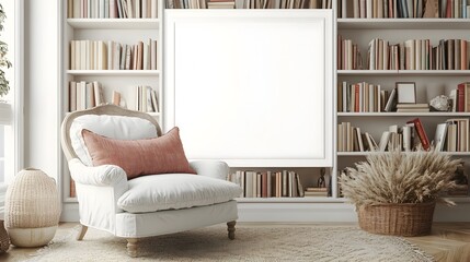 Cozy country-style reading nook with an overstuffed armchair,natural fiber rug,and a wall of bookshelves creating a peaceful and inviting atmosphere for relaxation and literary enjoyment.