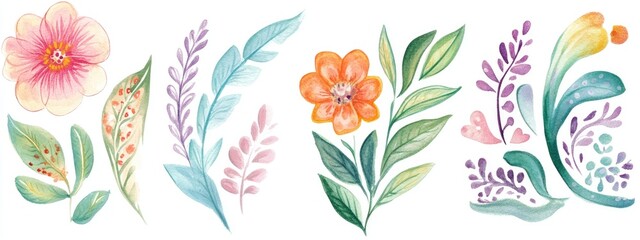 Hand drawn watercolor ethnic design elements featuring vintage paisley florals