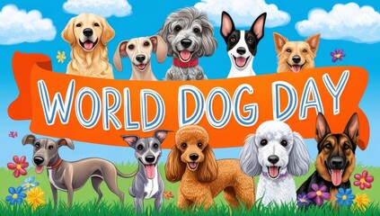 A vibrant colorful illustration depicting a joyful dog day
