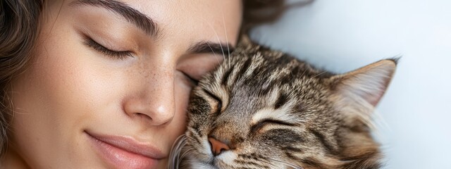  A tight shot of someone gently cradling a cat as they lean in, faces inches apart, toward a woman with her eyes shut