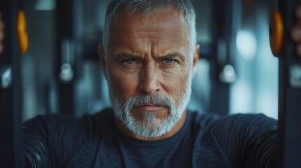 Obraz premium determined senior man lifting weights in modern gym focus on face surrounded by exercise equipment healthy lifestyle concept
