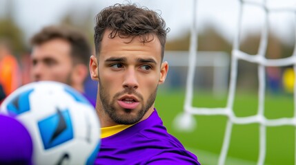 A man in a purple shirt is holding a soccer ball. He is looking at the camera. Concept of focus and determination