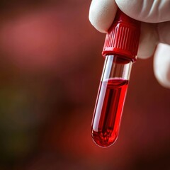 Gloved hand holding blood sample in test tube A gloved hand carefully holds a test tube filled with a blood sample, emphasizing precision and medical care. Ideal for healthcare and laboratory themes