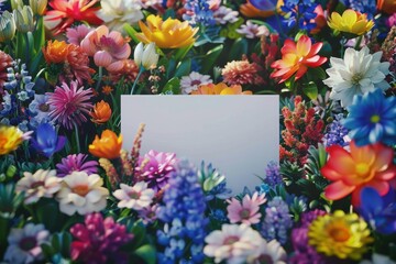 A white sign is placed in the middle of a field of flowers
