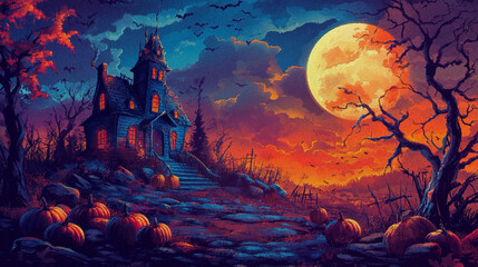 Eerie Halloween Background Featuring a Sinister Haunted House Beneath a Full Moon, Surrounded by a Cluster of Glowing Pumpkins. With the effect of machine embroidery
