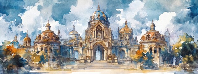 Obraz premium Impressionist watercolor illustration of a majestic palace with intricate architectural details