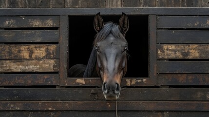 A horse is standing in a stall with a wooden door. The horse is looking out of the window, and the door is open. Scene is calm and peaceful, as the horse seems to be enjoying its time in the stall