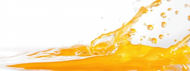  A yellow liquid pours over a white surface, dotting it with numerous water drops