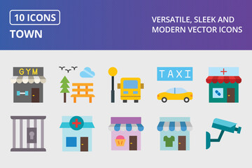 Fototapeta premium Town Flat Icon Set