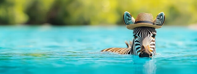 A zebra wearing a straw hat submerges its body in a pool, with its head peeking out