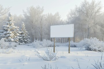 A large white sign is standing in the snow in a park