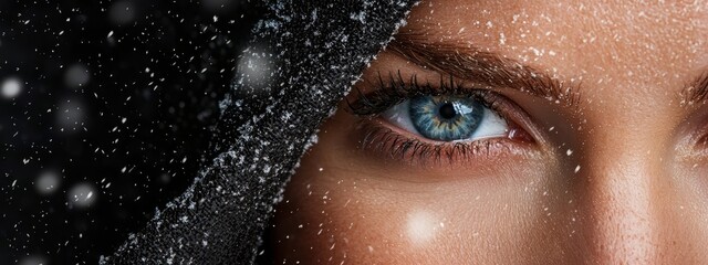  A woman's face, closely framed, as snowflakes gently land Blue-eyed figure in the rear, blurred by light winterfall