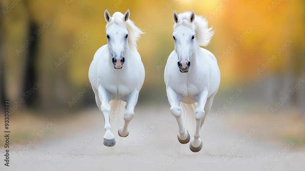 Poster two white horses running on a road. the road is empty and the horses are the only objects in the sce