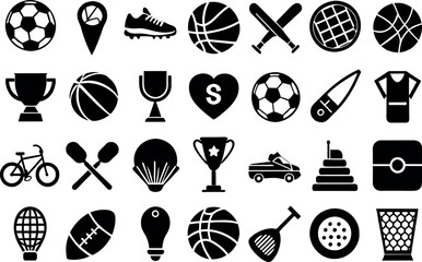 Sports related items such as Soccer ball, basketball, tennis racket, baseball, football, golf & many more editable stroke outline icons isolated on white background flat vector illustrati