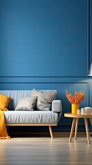 Home interior mock-up with blue sofa, wooden table and decor in blue living room, 3d render  