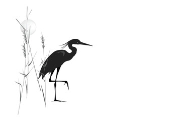 Fototapeta premium Heron in the thickets of reeds (cane) stands on one leg and the sun is above. Silhouette vector illustration isolated on white background.