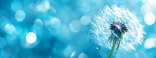 Obraz premium A crisp dandelion against a blue backdrop Dandelion , blue background, softly blurred dandelion detail