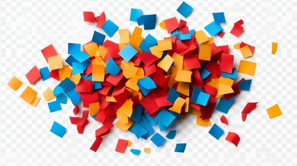 A colorful pile of paper confetti with a white background. The confetti is in various colors, including red, blue, and yellow. Concept of celebration and joy