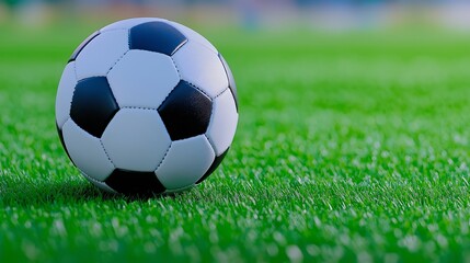 Fototapeta premium A soccer ball is sitting on a green field. The ball is black and white and is the center of attention