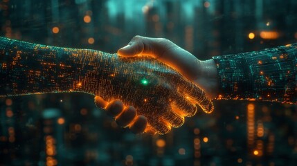 Two hands engage in a handshake, representing partnership between humanity and artificial intelligence amidst a glowing, high-tech city background.