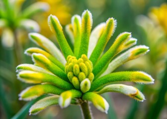 Vibrant Kangaroo Paw flower blooms in shades of bright green and yellow, showcasing unique tubular petals and powdery fur-like coating in sharp focus.