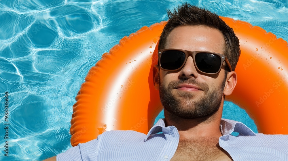 Aufkleber a man is laying in a pool with an orange float and sunglasses on. he is smiling and he is enjoying h