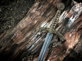 Top view a beautiful medieval sword with a bronze hilt  against the backdrop of old felled tree.
