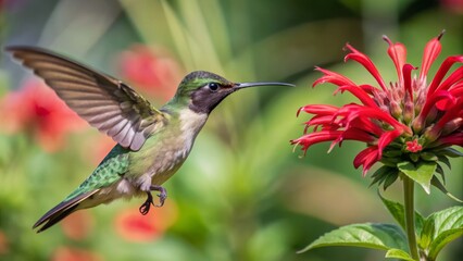 Vibrant hummingbird in mid-air, wings beating rapidly, adjacent to a bold red flower with delicate petals, against a blurred natural green background.