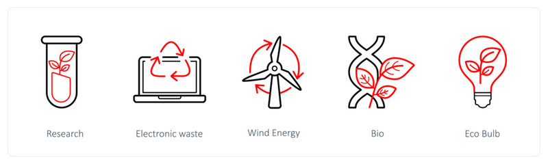 A set of 5 weather icons such as research, electronic waste, wind energy