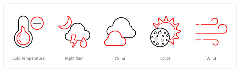 A set of 5 weather icons such as cold temperature, night rain