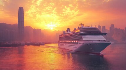 Cruise Ship at Sunset in Hong Kong