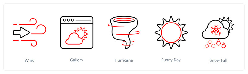 A set of 5 weather icons such as wind, gallery, hurricane