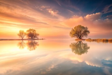 Obraz premium Dreamy pastel dusk descends, surreal landscape, soft gradient filter, warm color palette, peaceful atmosphere, Eye-Level Shot, vast negative space, creamy whites, calming mood, subtle grain.