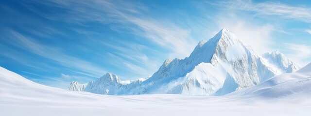 Obraz premium A snow-covered mountain with wispy clouds in the foreground under a blue sky, and a blue sky with wispy clouds in the background