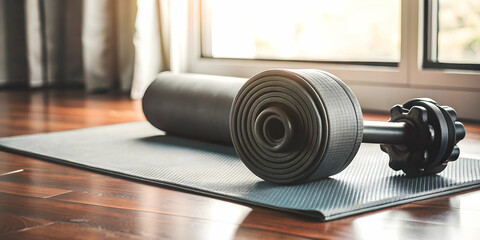 Simple flat vector illustration as Yoga mat and dumbbell concept as A yoga mat paired with a dumbbell symbolizing the blend of wellness and fitness ideal for designs needing a clean and isolated backg