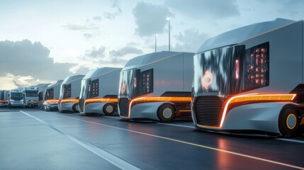 Obraz premium Futuristic Convoy of Autonomous Freight Trucks in 3D Render for Innovative Transportation Management, Generative Ai 